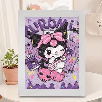 SANRIO 三丽鸥 1 件装黑色 Miriti 肉桂卷 Hello Kitty 5D DIY 钻石画套装，整卷马赛克艺术，带框，17x22cm/6.69x8.66 英寸画布家居装饰，适合情人节、母亲节、婚礼、生日礼物、旅行用品、节日派对，四季皆宜的完美之选