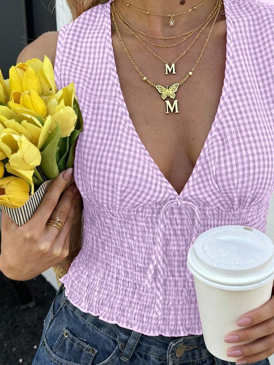 Áo hai dây nữ VIVINA mùa hè, kiểu dáng thường ngày, thoải mái, đa năng, họa tiết kẻ caro, thắt eo, xếp ly, viền bèo nhún, thích hợp cho những ngày cuối tuần năng động, phong cách nghỉ dưỡng đồng quê. - Màu tím hoa cà - Xem 1