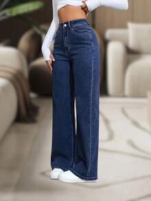 Women's High-Waisted Wide-Leg Plain Denim Jeans - 11.11 - Black - - Rửa tối - Xem 2