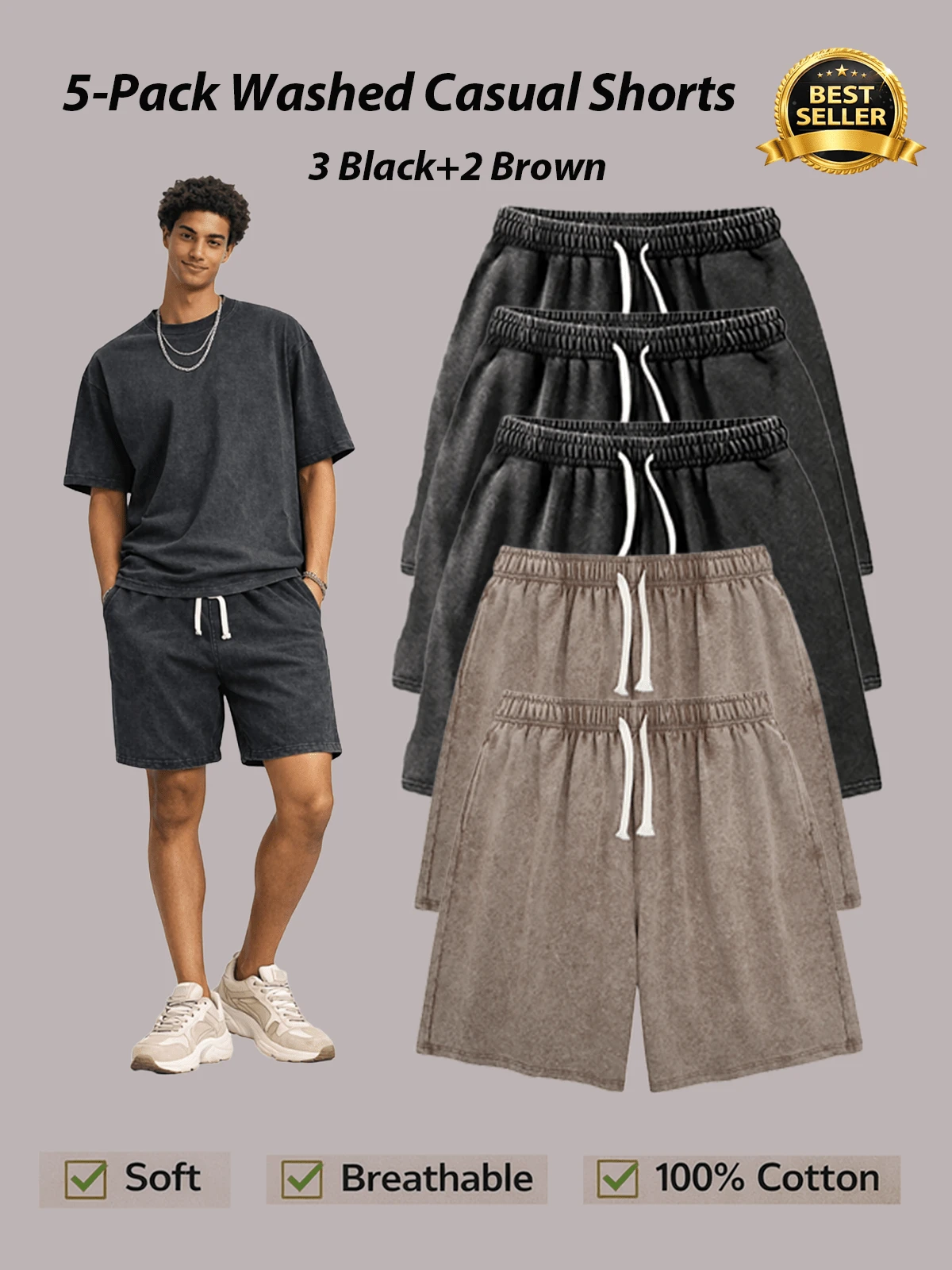 5-Pack Men's Washed Cotton Shorts – Soft, Breathable, Lightweight Casual Shorts With Relaxed Fit – Multiple Colors: Black, Gray, Coffee, Pink(Please Refer Carefully To The Size Chart Before Purchasing, As The Model Runs Large.) - đen + đen + đen + nâu + nâu - Xem 1