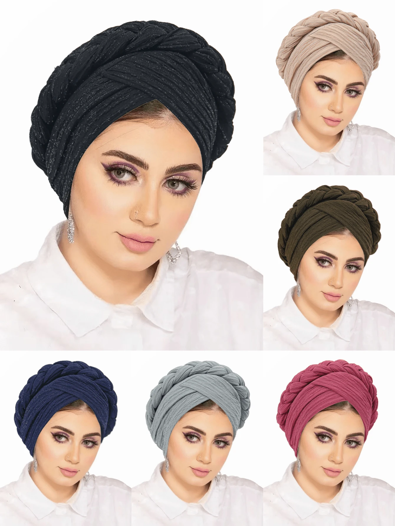 Mũ turban xếp ly lấp lánh kiểu châu Phi, mũ cầu nguyện tết bím, khăn trùm đầu Hijab, mũ Hồi giáo dành cho phụ nữ, mũ hijab turban. - màu sắc - Xem 1