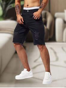 Men's Slim Fit Ripped Denim Shorts, Destroyed Style, Premium Fashion Line, Original Factory Outlet. Colors: Dark Black, Medium Black, Light Black, White, Beige, Yellow, Red - 黑色 - 查看 2