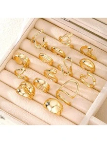 Set de 15 piezas de anillos metálicos geométricos asimétricos gruesos y de moda surtidos para mujeres, adecuados para combinar a diario - Dorado - Ver 6
