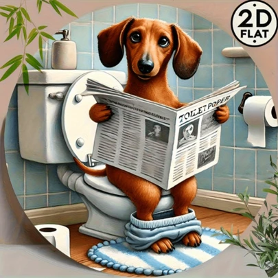 2D平面铁艺标牌，单件装，复古幽默腊肠犬图案，经典8英寸圆形，图案为“阅读卫生纸”，家居墙面装饰，酒吧、咖啡馆、宿舍的理想礼物——完美之选。预钻孔，款式如图所示。
