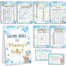 126件婴儿派对游戏用品，包含4种款式：牛皮纸、粉色蝴蝶结、蓝色小熊、婴儿派对主题，1个“妈妈的肚子有多大”标牌，50张卡片，75个派对游戏 - 查看 6