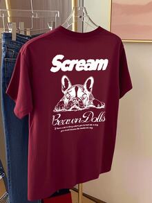 Cartoon Pattern Short Sleeve Mid-Length T-Shirt, Fashionable Casual Top For Women Summer - Burgundy - View 3