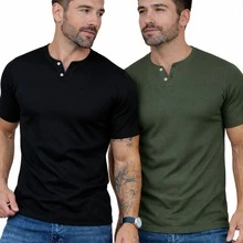 Kit Of 2 Men's Henley T-Shirts, Short Sleeve, 2 Buttons, Slim Fit, Ribbed, J Silver - 黑綠 - 查看 1