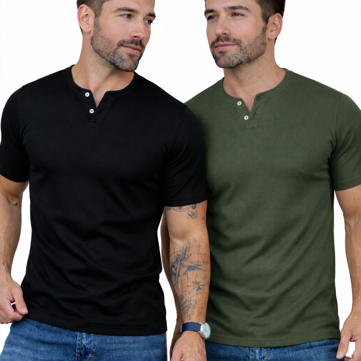 Kit Of 2 Men's Henley T-Shirts, Short Sleeve, 2 Buttons, Slim Fit, Ribbed, J Silver - 黑綠 - 查看 1