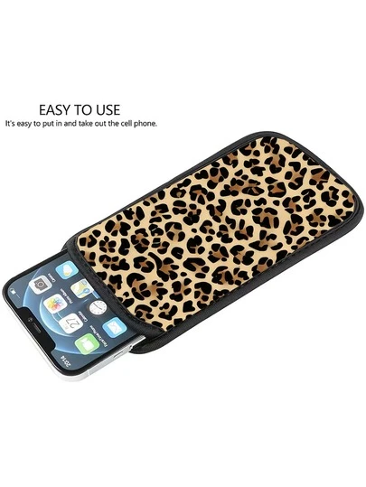 豹纹手机保护套，黑色户外手机收纳袋，采用防震防尘氯丁橡胶材质，内衬柔软弹性面料，便携男女通用，迷你钱包，小巧可爱，夏季旅行必备