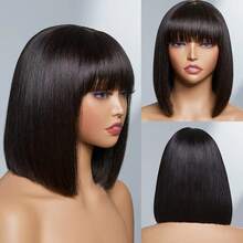2*4 Lace Brazilian Human Hair Wig With Bangs Remy Straight Bob Wigs Lace Closure Full Machine Made Wig For Women 8-14 Inches Non Lace Bob Wigs 200% Density Glueless Wigs - 2*4 lace - 查看 3