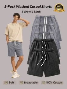 5-Pack Men's Washed Cotton Shorts – Soft, Breathable, Lightweight Casual Shorts With Relaxed Fit – Multiple Colors: Black, Gray, Coffee, Pink(Please Refer Carefully To The Size Chart Before Purchasing, As The Model Runs Large.) - 灰色+灰色+灰色+黑色+黑色 - 查看 1