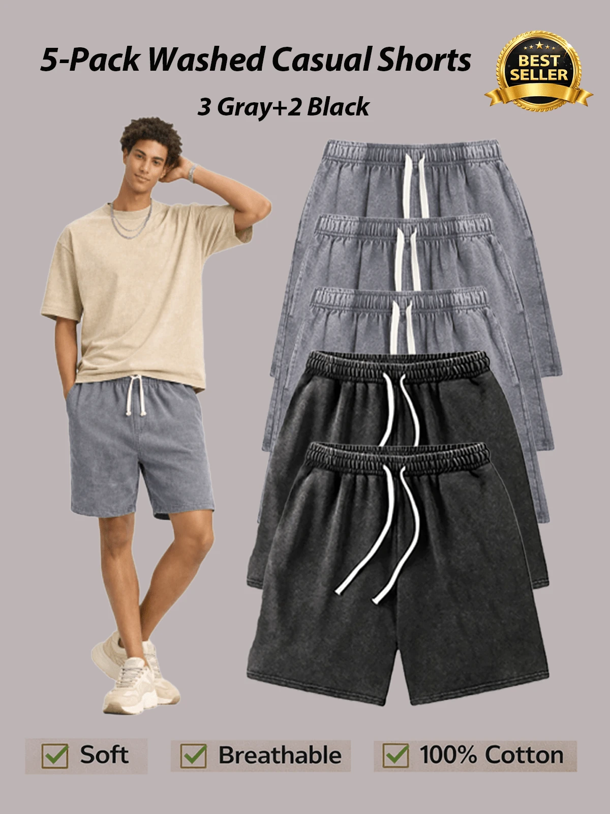 5-Pack Men's Washed Cotton Shorts – Soft, Breathable, Lightweight Casual Shorts With Relaxed Fit – Multiple Colors: Black, Gray, Coffee, Pink(Please Refer Carefully To The Size Chart Before Purchasing, As The Model Runs Large.) - 灰色+灰色+灰色+黑色+黑色 - 查看 1