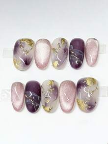 10pcs Pure Handmade Press On Nails Mid-Length Oval Nail Purple Golden And Beige Cat Eye Nails Cute Fancy Pain Y2k Gentle Stroble Flash Temperament For Women And Gril,Spring Summer Fall Winter,Holiday And Dailys Life Use - Purple - View 1