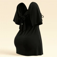 Plus Size Short Princess Dress, Loose Fit, With Gathered Neckline And Short Sleeves, Elegant, Sizes 46 To 56 - Black - View 3