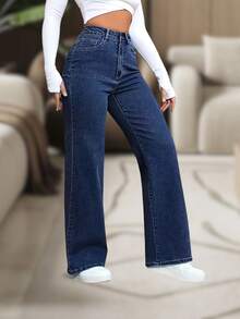 Women's High-Waisted Wide-Leg Plain Denim Jeans - 11.11 - Black - - Rửa tối - Xem 3