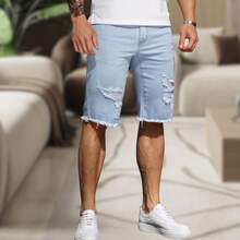 Men's Slim Fit Ripped Denim Shorts, Destroyed Style, Premium Fashion Line, Original Factory Outlet. Colors: Dark Black, Medium Black, Light Black, White, Beige, Yellow, Red - 淺色水洗藍 - 查看 10