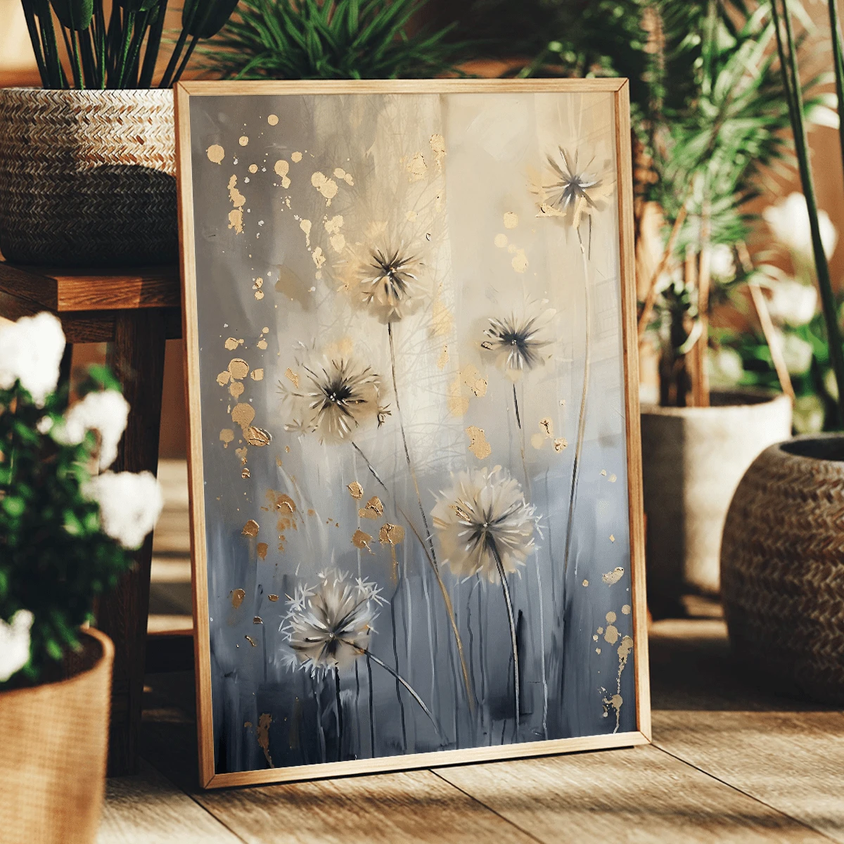 1pc Modern Abstract Floral Canvas Art Poster - Dandelion, Grey And Gold Tones, Fashionable Home Decor, Framed Or Unframed, Suitable For Home, Apartment, Dorm, Hotel, Living Room, Bedroom, Bathroom, And Office - A - View 1