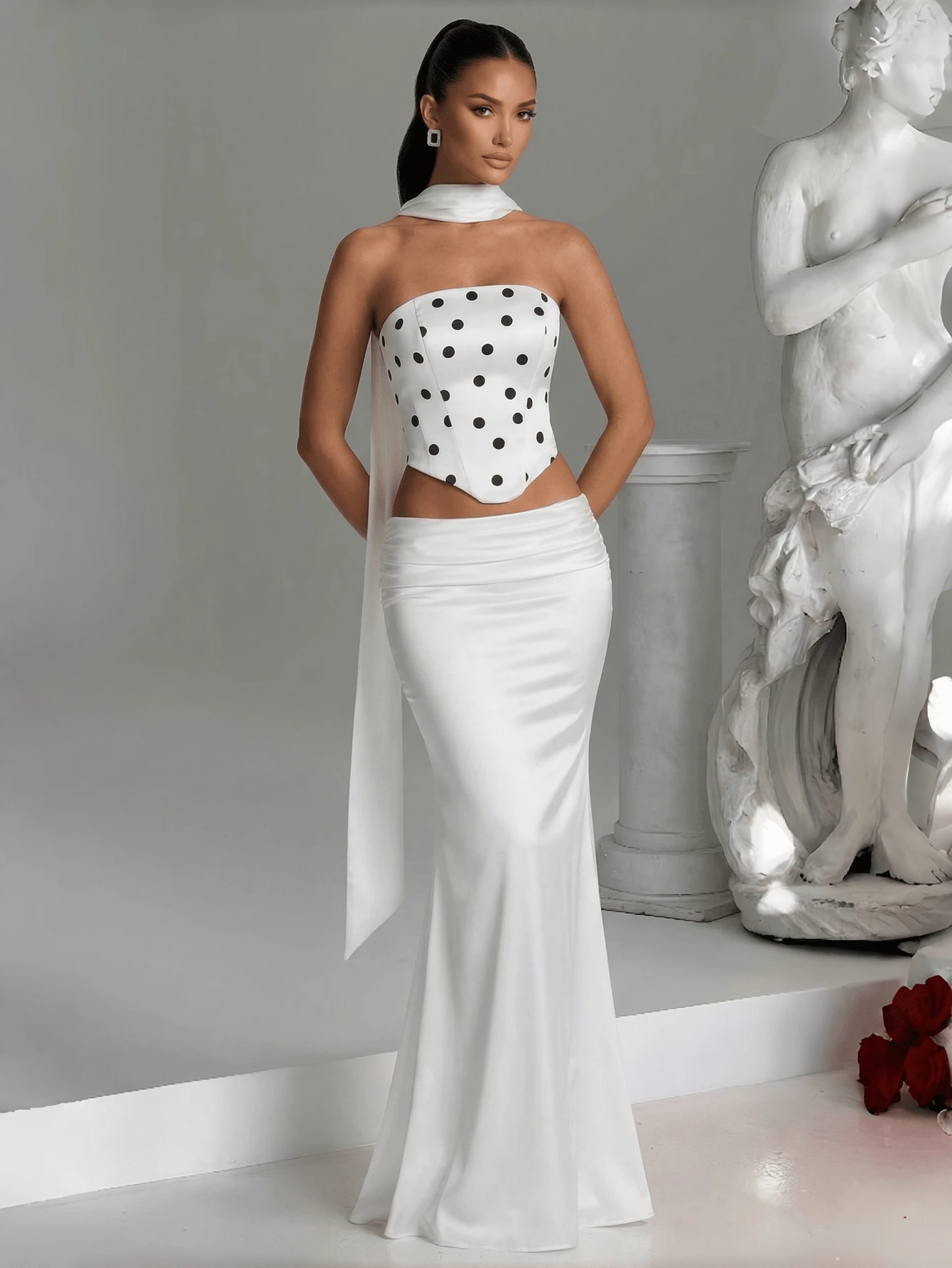 女士波点抽绳荷叶边装饰上衣和半裙套装，婚礼派对服装 - 白色 - 查看 1