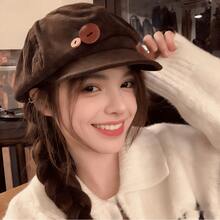 Women's Vintage Soft Corduroy Newsboy Cap Baggy Baker Boy Hat With Wooden Buckle Accent Casual Newsboy Cap Easy To Match Perfect Gift For Women! - 雙紐扣八角帽-棕色 - 查看 5