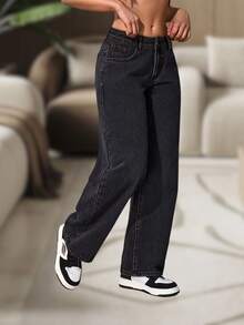 Women's High-Waisted Wide-Leg Plain Denim Jeans - 11.11 - Black - - 黑色 - 查看 2