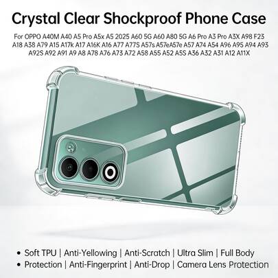 Ốp lưng điện thoại trong suốt chống sốc cho A40M A40 A5 Pro A5x A5 2025 A60 5G A60 A80 5G A6 Pro A3 Pro A3X A98 F23 A18 A38 A79 A15 A17k A17 A16K A16 A77 A77S A57s A57e A57 A74 A54 A96 A95 A94 A93 A92S A92 A91 A9 A8 A78 A76 A73 A72 A58 A55 A52 A5S A36 A32 A31 A12 A11X Chất liệu TPU mềm, chống ố vàng, chống trầy xước, siêu mỏng nhẹ, bảo vệ toàn diện, linh hoạt, chống bám vân tay, chống rơi, chống trượt, bảo vệ ống kính camera, bền bỉ.