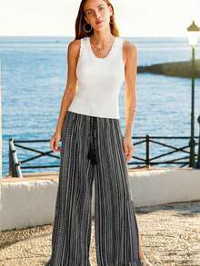 Quần ống rộng kiểu bohemian dành cho nữ, chất liệu polyester, có dây rút, phù hợp cho đi biển hoặc trang phục thường ngày mùa thu. - màu đen - Xem 5