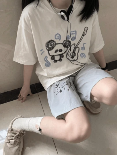2026夏季新款休闲宽松可爱熊猫印花圆领甜美萌系动漫学生学院风短袖T恤，1件装