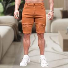 Men's Slim Fit Ripped Denim Shorts, Destroyed Style, Premium Fashion Line, Original Factory Outlet. Colors: Dark Black, Medium Black, Light Black, White, Beige, Yellow, Red - 黃色 - 查看 7