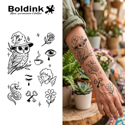  2片装 Boldink 暗黑童话巫师猫头鹰临时防水纹身贴纸，持久1-2周，植物汁液纹身贴纸，理想的秋冬季身体装饰，热门情人节礼物，潮流达人必备