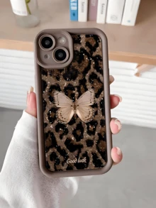 亮片钻石豹纹蝴蝶图案手机壳，时尚防震TPU保护套，兼容 17/17 Pro/17 Pro Max/16/11/13/15/15 Plus/15 Pro/15 Pro Max/12/14 Pro Max/11 Pro Max/12 Pro/12 Pro Max/13 Pro/13 Pro Max/14 Pro/14 Plus，Galaxy A56 5G/A06/A05/A05S/S25/S24/S23/S22 - 棕色 - 查看 1
