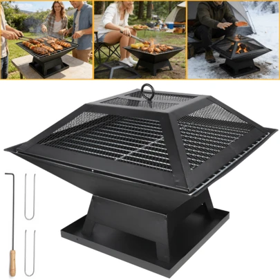 Lislark Outdoor Fire Pit For Garden, Square Firepit Patio Heater For Camping Bonfire, Portable Fire Pit Steel Metal Fire Bowl Wood Burning Firepits For Garden/Backyard