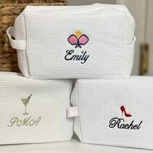 Personalized Waffle Makeup Bag, Customized Name Toiletry Bag, Embroidered Letter Makeup Bag, Initial Monogram Makeup Bag, Bridesmaid Waffle Woven Cosmetic Bag For Travel - Pastel - View 8