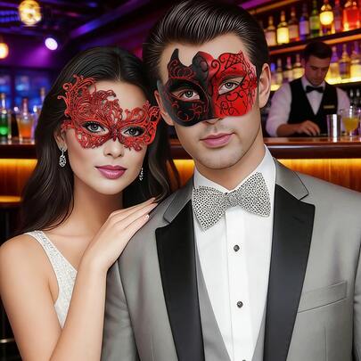1 Set/2PCS Couple Mask Set, Venetian Style Masks For Men And Women, Suitable For Masquerade Ball, Bar Party, Daily Fashion Accessory