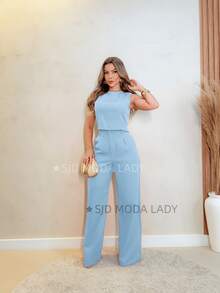 SJD MODA LADY Solid Tailored Set, Casual, Sleeveless Top And Palazzo Pants - Baby Blue - View 5