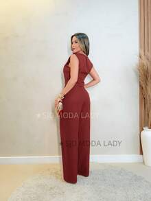 SJD MODA LADY Solid Tailored Set, Casual, Sleeveless Top And Palazzo Pants - Burgundy - View 6