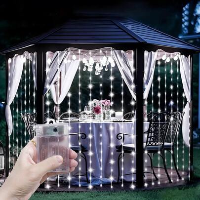 8种模式电池供电窗帘灯，4种颜色变换的仙女灯串，适用于花园、仙女花环、景观照明、露营装饰、庭院、户外、浪漫房间装饰、婚礼派对、圣诞节万圣节装饰