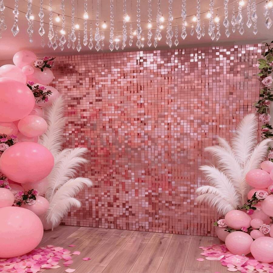 1米 x 2米玫瑰金亮片墙面背景幕布，方形背景帘，玫瑰金流苏墙面装饰板，适用于生日、婚礼、毕业典礼、新年、圣诞节庆祝派对装饰。 - 玫瑰金 - 查看 1