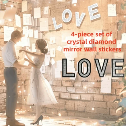 4 قطع ديكور حرف LOVE من الماس البلوري - ديكورات فاخرة حديثة من المرآة الفضية والزجاج لمدفأة، الرفوف، طاولات وتعليق على الحائط، ديكور منزلي لحفلات الزفاف