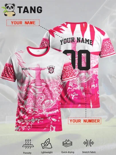 Custom Brazil Style Statue Design Men's Football Jersey & Personalized Name & Number & Crew Neck Comfortable Sports Sweatshirt & Suitable For Football Training, Casual Wear & Gift Summer ,Travel Organizer