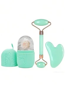 Bộ 3 món dụng cụ massage Gua Sha mặt, túi chườm đá, con lăn massage, dụng cụ cạo cơ thể, dụng cụ massage màu xanh lá cây, massage làm đẹp da mặt và nâng cơ. - màu xanh lá - Xem 12