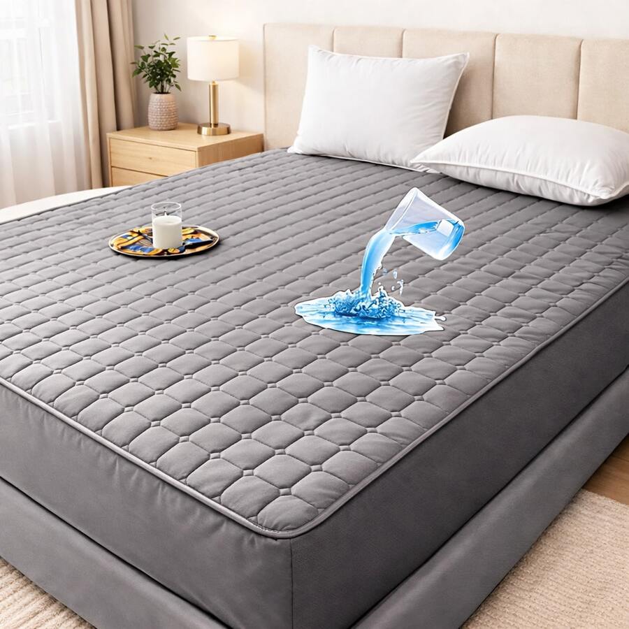 100% Waterproof Mattress Protector With Elastic All Around, Quilted Queen King Size, Various Colors - 灰色 - 查看 1