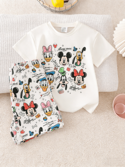 Disney 迪士尼女婴两件套可爱唐老鸭和黛丝鸭印花短袖睡衣套装，休闲女婴日常家居服，基础字母印花针织圆领短袖松紧腰短裤