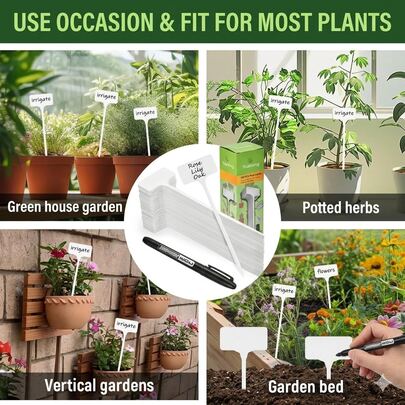 60 nhãn cây hình chữ T bằng nhựa, kích thước 11,4 inch, chống thấm nước, dùng đánh dấu cây trồng trong nhà/ngoài trời, thảo mộc, hoa, rau củ, kèm bút (màu trắng)