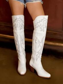 Summer Boots Riding Knee Thick Heels Embroidery Women's Country Concert Combat Cowgirl  White Boots Women Outfits & Western Chic Festival Shoes - 白色 - 查看 4