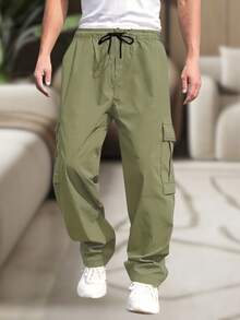 Men's Cargo Pants, Women's, 6 Pockets, Skate Style, Wide Leg, Drawstring Closure - Dark Green - View 2