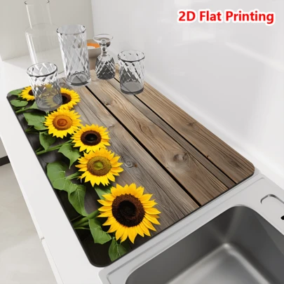 1/10 tấm lót bếp in hình vân gỗ hoa hướng dương 2D, thấm hút nhanh khô, chống trượt, che giấu vết bẩn, dùng trang trí nhà cửa mùa xuân hè, đồ dùng nhà bếp thiết yếu, lót máy pha cà phê.