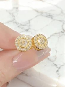 Khuyên tai nam kiểu Hip Hop mạ vàng đính đá Zirconia hình tròn, trang sức thời trang đường phố. - Vàng - Xem 2