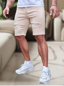 Men's Slim Fit Ripped Denim Shorts, Destroyed Style, Premium Fashion Line, Original Factory Outlet. Colors: Dark Black, Medium Black, Light Black, White, Beige, Yellow, Red - 米色 - 查看 3