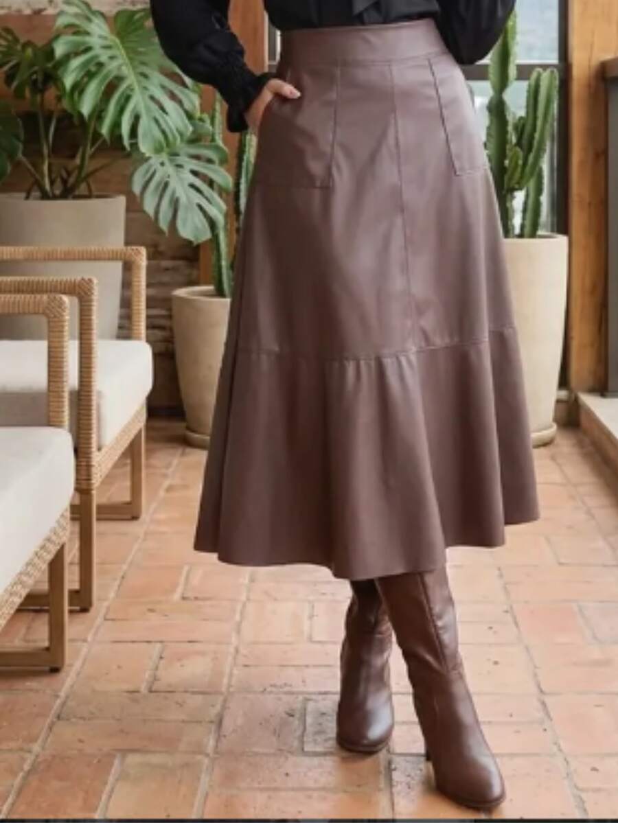 Leather Midi Skirt With Pockets – Elegant And Sophisticated - Rỉ Nâu - Xem 1