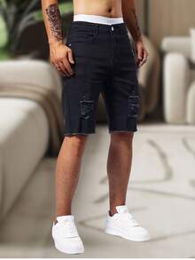 Men's Slim Fit Ripped Denim Shorts, Destroyed Style, Premium Fashion Line, Original Factory Outlet. Colors: Dark Black, Medium Black, Light Black, White, Beige, Yellow, Red - 黑色 - 查看 3